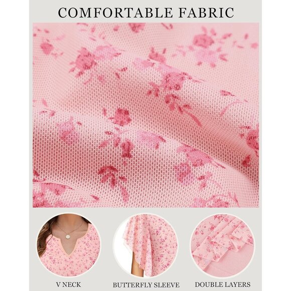 Women's Short Sleeve Tops Dressy Casual V Neck Double Layers Tunics Tops Pink - Picture 6 of 6